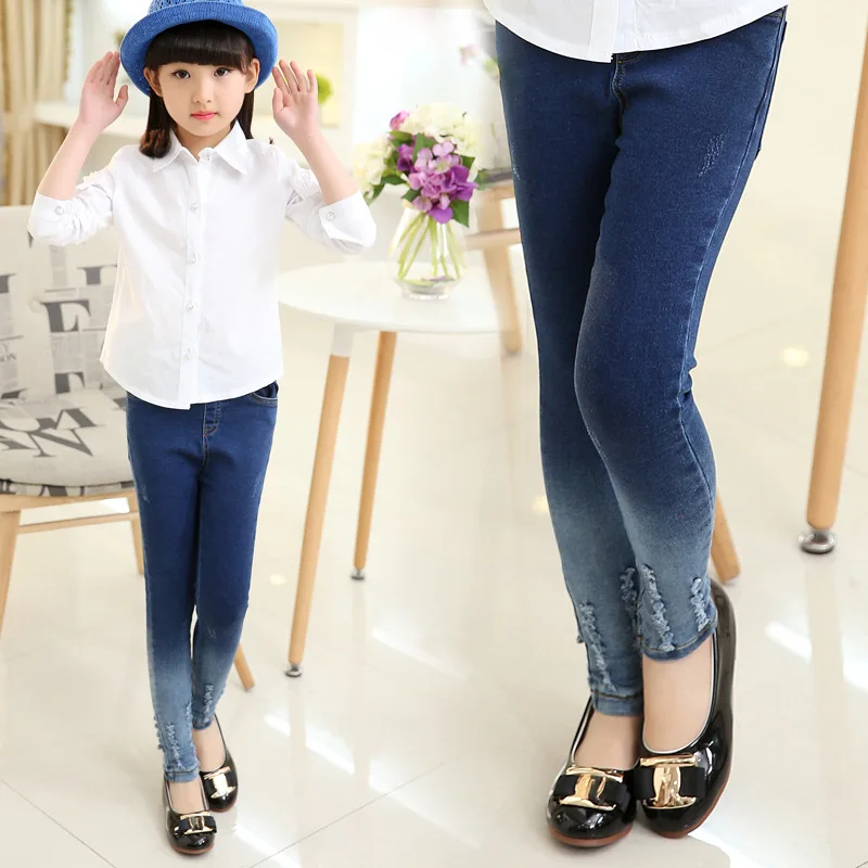 Новинка Джинсы для девочек подростков Хлопковые леггинсы Штаны Модные малышей