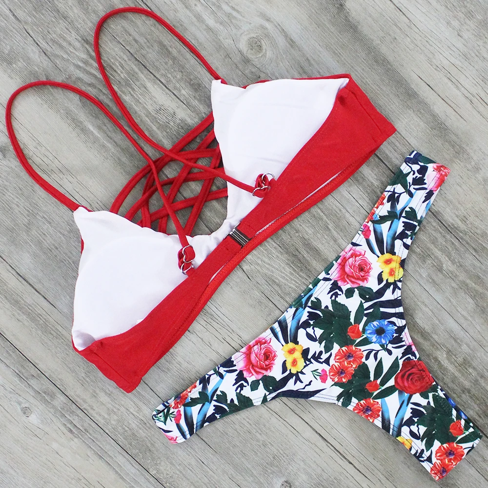 ZMTREE перекрестное бикини купальник с цветочным принтом женский сексуальный