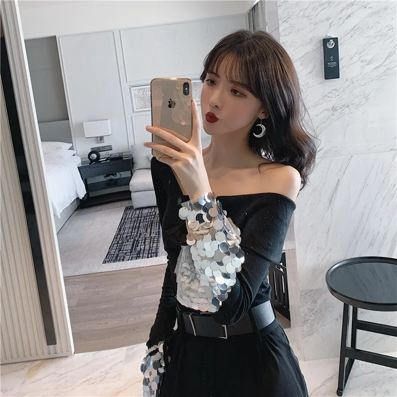 Асимметричные черные женские комплекты с открытыми плечами расшитые блестками в