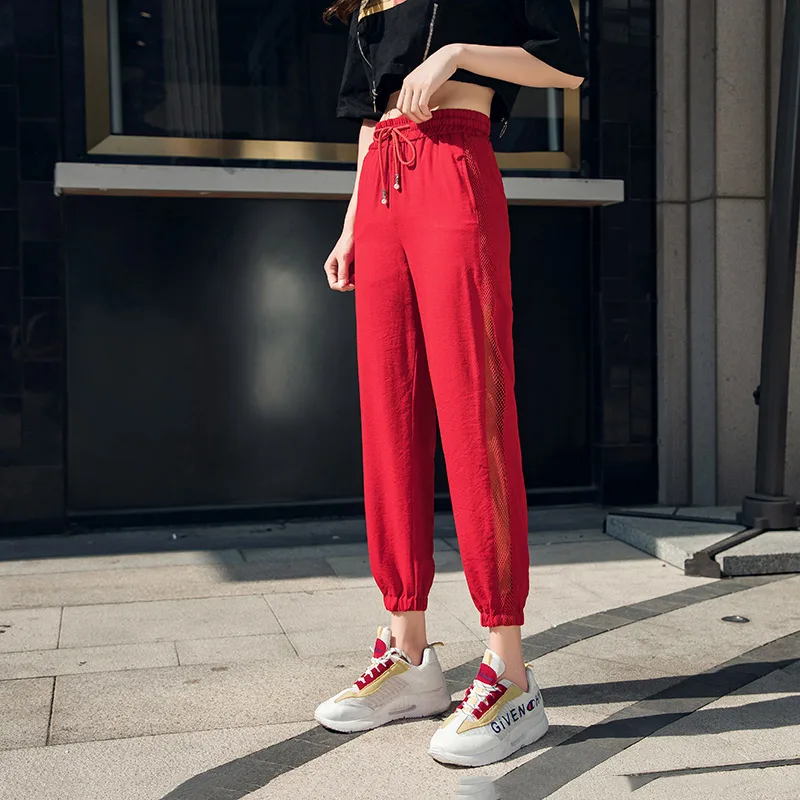 Высокая талия бегунов Для женщин брюки Повседневное Ice Шелковый эластичный пояс