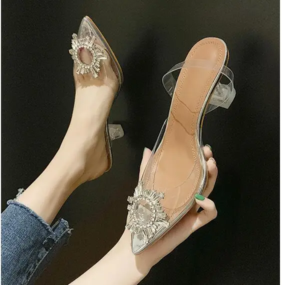 Transparent Sandals Platform Pointed Toe Crystal High Heels Clear Sandalias Women Summer Shoes Heels/6.5cm