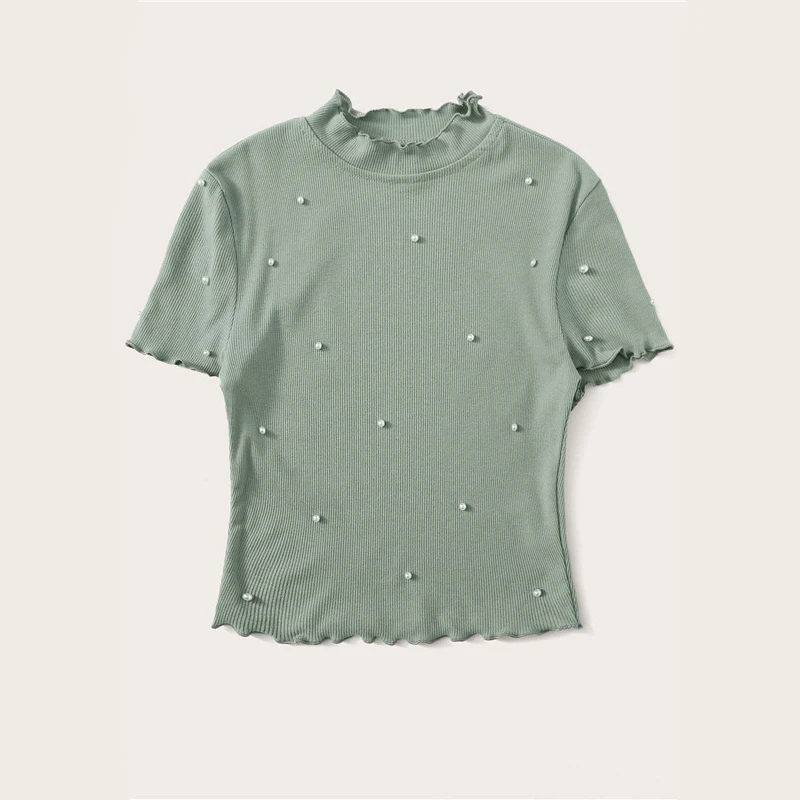 SHEIN модная женская футболка с воротником-стойкой, украшенная жемчугом и бусинами, элегантные летние женские Топы с коротким рукавом