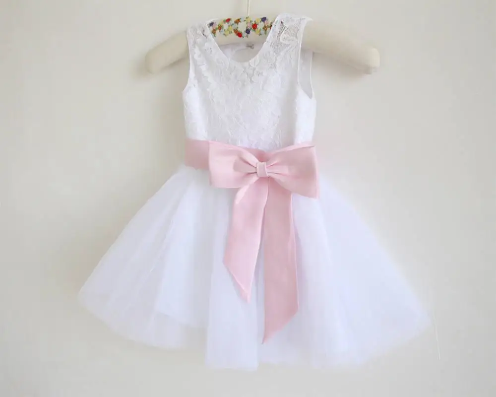 White Lace Flower Girl Dress Pink Baby Girls Tulle Dresses With Sash/Bows Sleeveless | Свадьбы и торжества