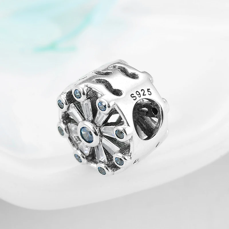 New Real 925 Sterling Silver hollow Blue CZ snowflake Fine Crysta beads for Jewelry making Fit Original European Charm Bracelet | Украшения