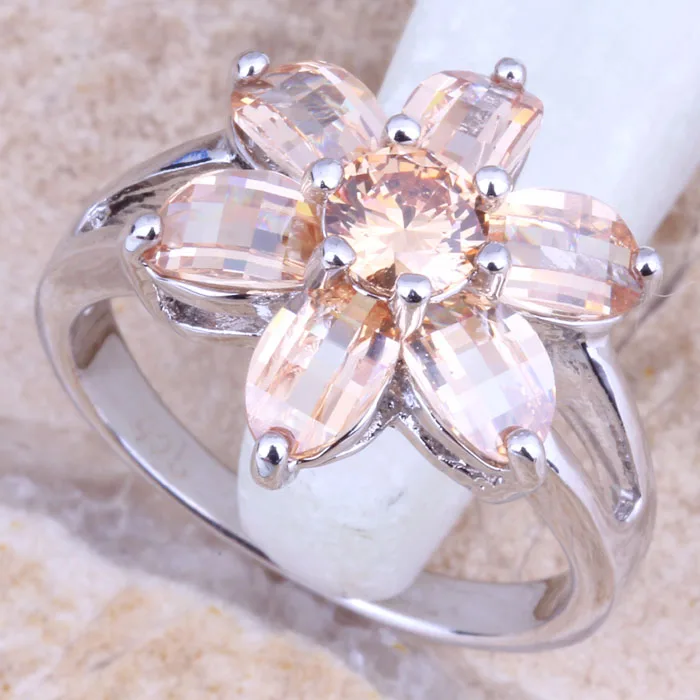 Роскошный коричневый Morganite серебро Штампованные 925 Для женщин цветок ювелирные изделия кольцо Размеры 6/7/8/9 R1189