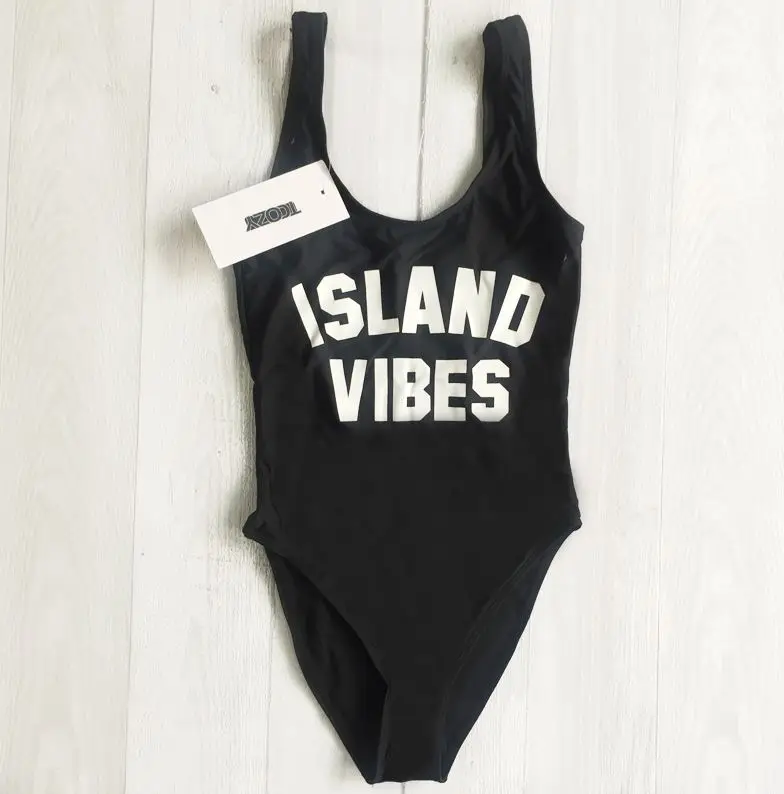 island black Пикантные BAE WATCH с высоким вырезом Купальники Для женщин Одна деталь купальник Письмо печати ванный комплект Монокини Пляжная боди Island Vibes - Цвет: island black