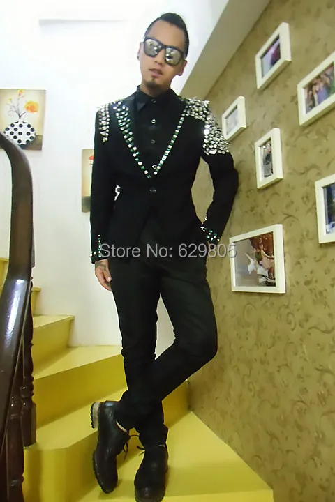 2016 Мужской Блейзер Модный черный со стразами для танцев тонкая верхняя одежда