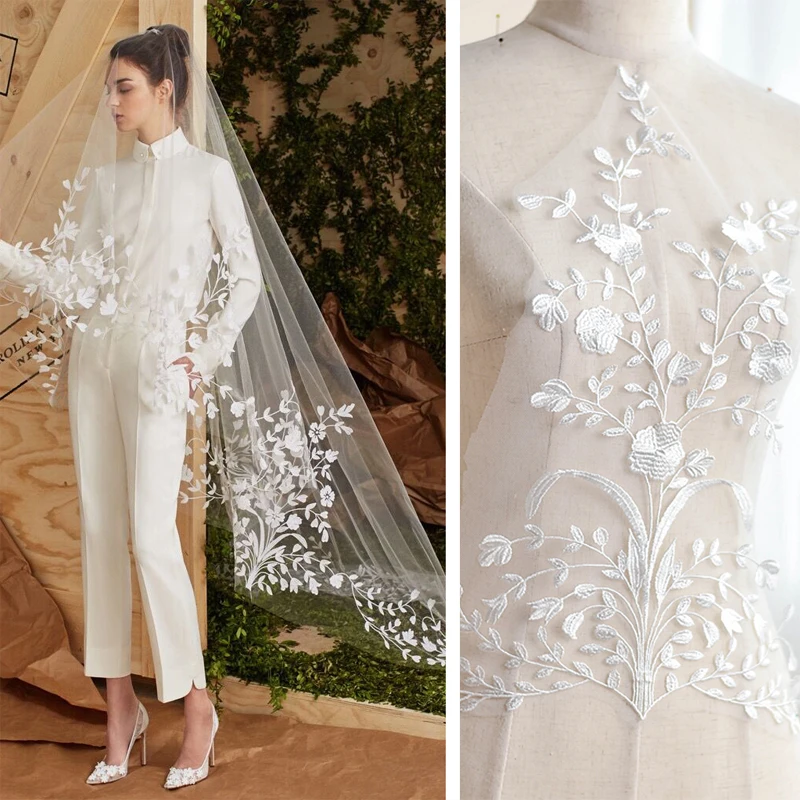 

5Pieces Large Embroidered Lace Applique Bridal Veil French Lace Collar Neckline Lace Motifs Fabric Flowers For Wedding Dresses