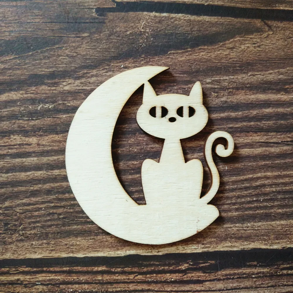 10pcs Laser Cut Unfinished Wooden Cute Cat on the Moon Home Decor Wall Hanging Art Kids Birthday Decorations DIY Craft Scrapbook | Дом и сад