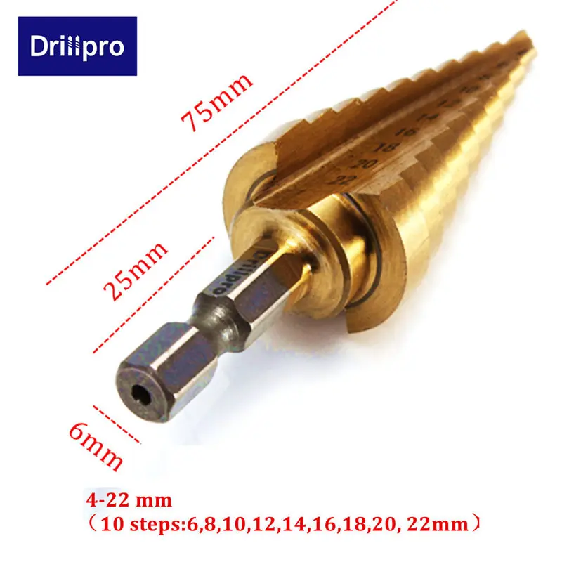Drillpro 1 шт. шестигранное титановое ступенчатое конусное сверло для сверления отверстий 4-22 мм HSS 4241 для сверления листового металла Деревообрабатывающие инструменты