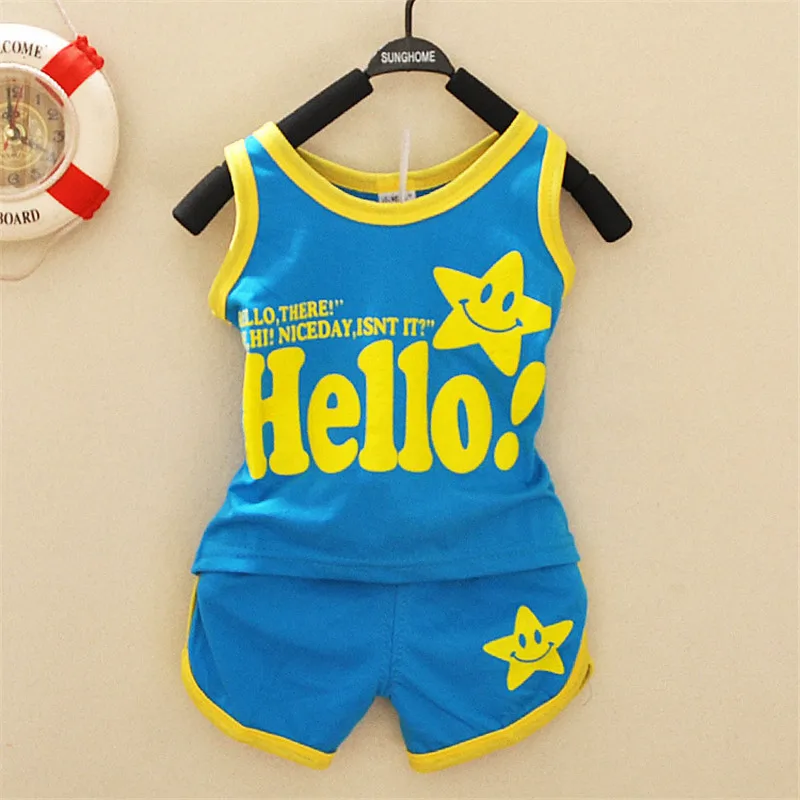 Boys Set Vest+Pants New Cartoon Summer Hello Letter Causal Boy Vest Short Pants Kids Clothes 1-3T Children's Clothing Sets |