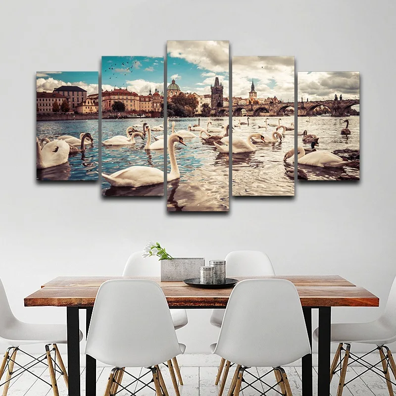 

Modern Canvas HD Prints Poster Home Decor Wall Art 5 Pieces Swans Lake City Building Paintings Bridge Scenery Pictures Frame