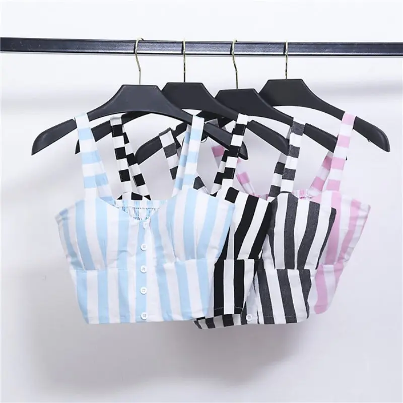 Новые летние сексуальные женские полосатые короткие топы без рукавов Cami Vest Camisole милые топы на пуговицах