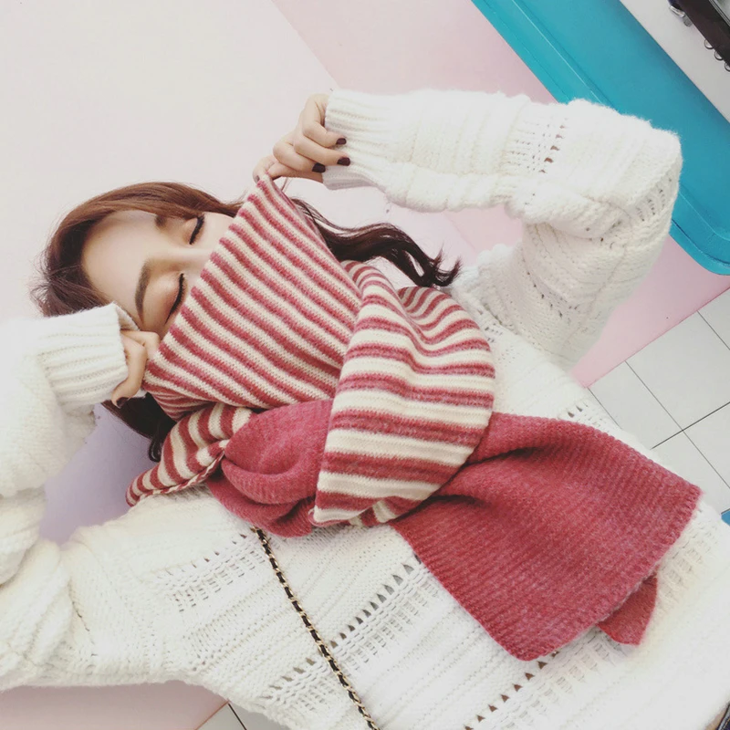Новый Модный корейский теплый полосатый зимний удобный вязаный толстый большой