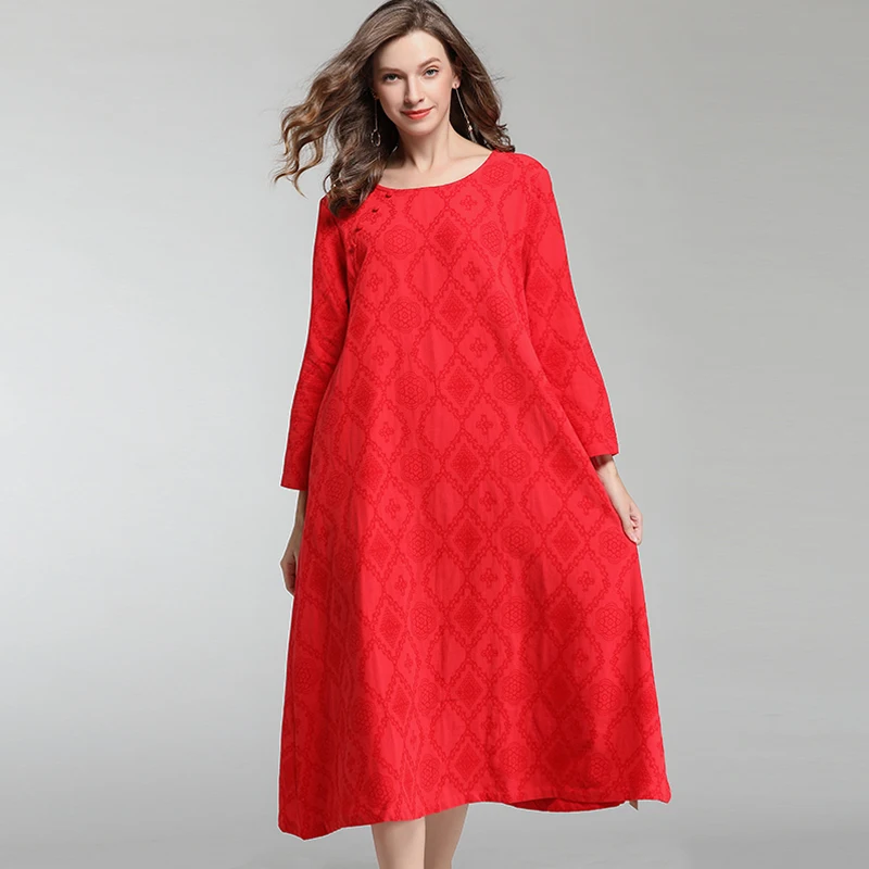 

Cotton Line Dresses Women Red 2020 Office Plus Size Long Sleeve Solid Pocket Party Dress FemaleCasual Loose Elegant Big Dress
