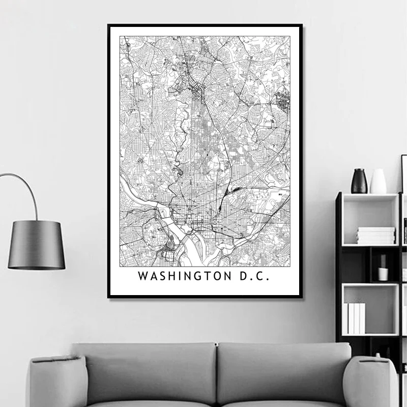 Washington черный белый цвет на заказ карта городов мира Плакаты принты Nordic Стиль