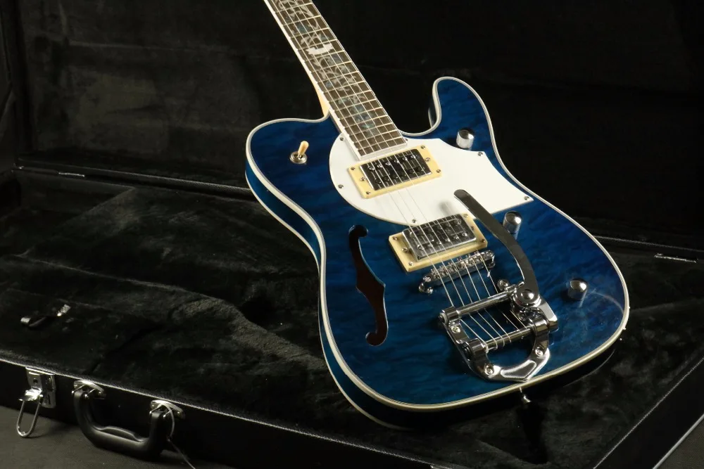 Стеганый клен Топ Полу полый корпус электрогитары T-01 Abalone инкрустация Bigsby мост синий теле