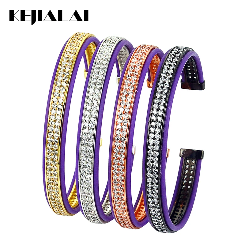 Hot Sale Genuine Leather Bracelets Men Bangle Purple Pave with Double Lines Clear Zircon Open Cuff for Women Punk Style | Украшения и