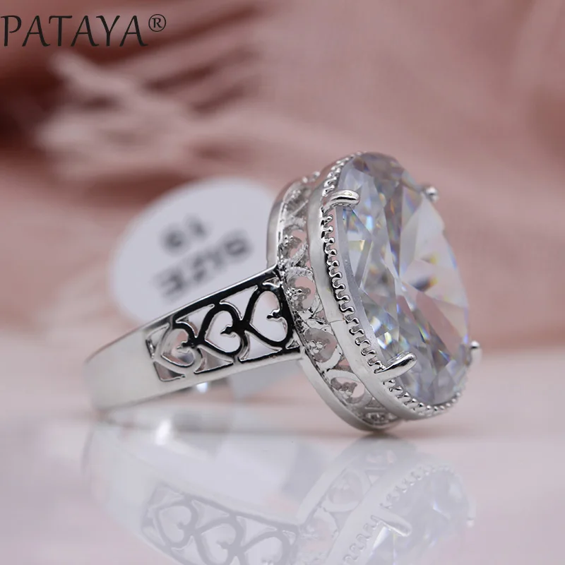 PATAYA, новинка, женские модные кольца для любви, белое золото, Овальный зеленый натуральный циркон, для свадьбы, вечеринки, разные цвета, полые, уникальные ювелирные изделия - Цвет основного камня: White