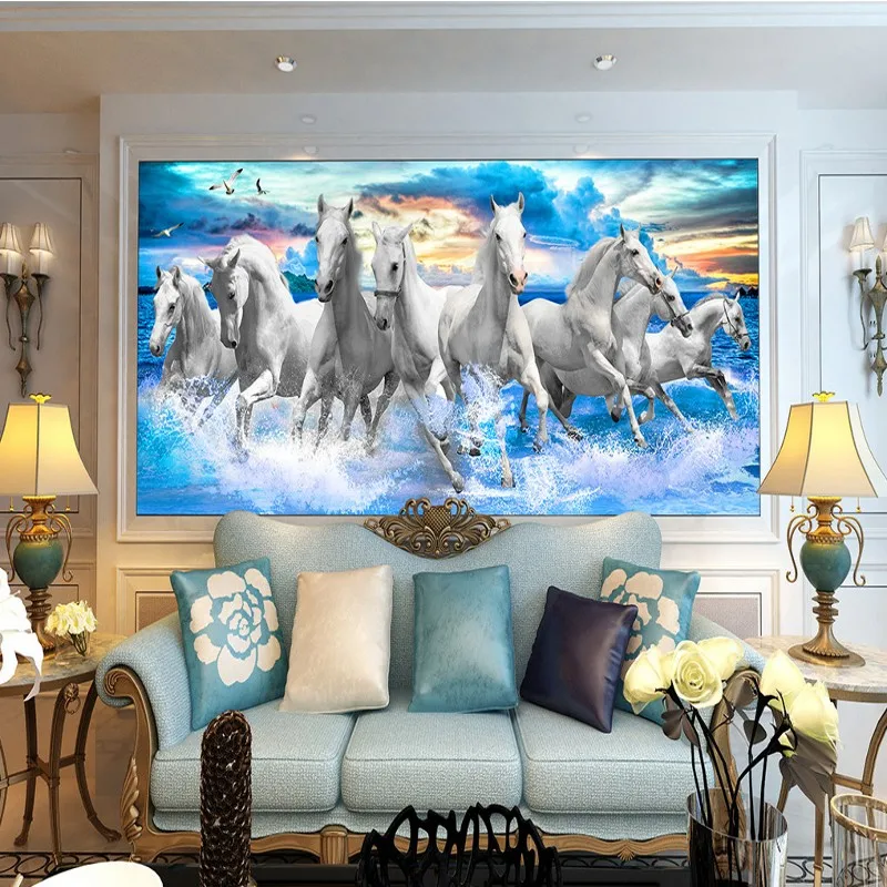 

photo wallpaper Spectacular eight horses blue sea custom mural Living room decoration background 3d wallpaper