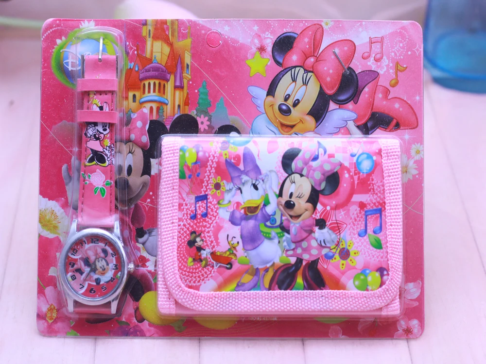 New Children Cartoon Wallet Watch Set Minnie Watches Students Birthday Gifts Quartz Leather Clock