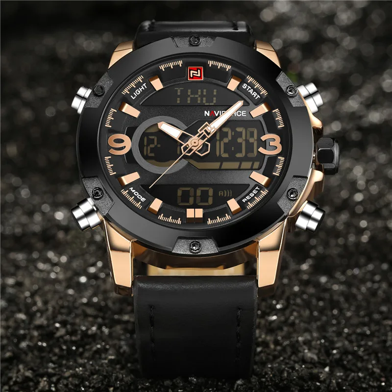 NAVIFORCE Роскошные Брендовые мужские Аналоговые Цифровые кожаные спортивные часы