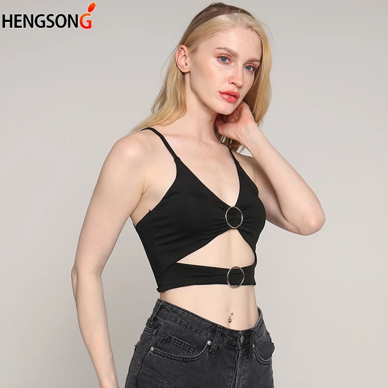 Черный регулируемый короткий топ на бретелях Женские Элегантные без рукавов