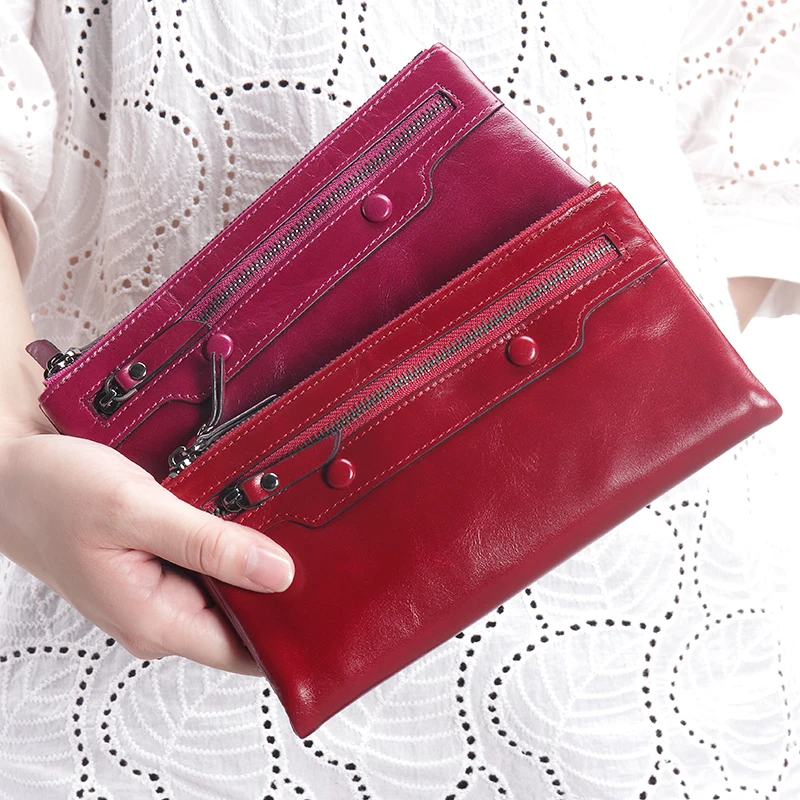 

ZLON Women's Double Zipper Wallets 100% Oil Wax Leather Ladies Purses Coin Pocket Long Wallet Phone Clutch Bag For Women Q359