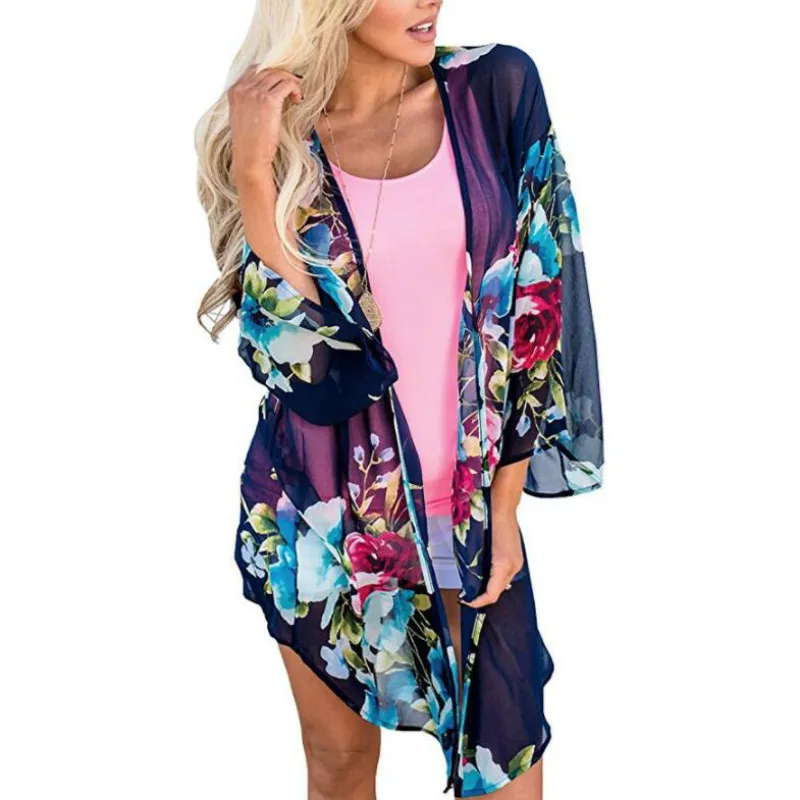 Women Floral Print Kimono Beach Cover Up Capes Ladies Open Front Sheer Loose Chiffon Cardigan Blouse Top | Женская одежда