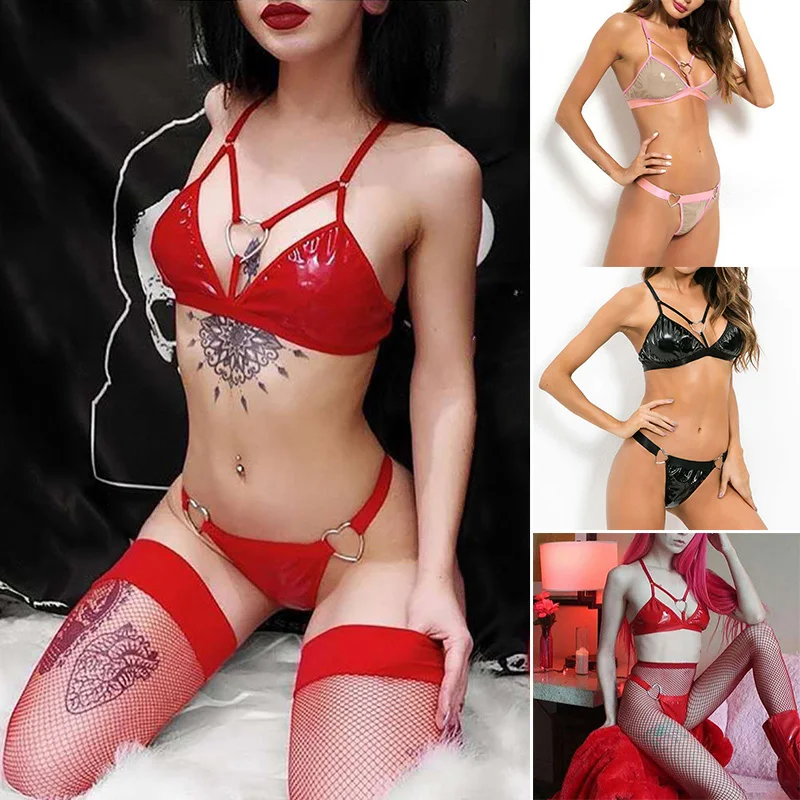 Женские костюмы сексуальный комплект из ПВХ с эффектом мокрого вида бюстгальтер