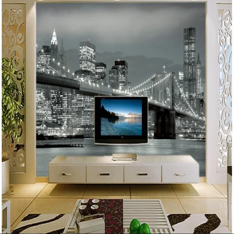 beibehang papel de parede European and American urban landscape black white night photography TV background wall | Обустройство дома