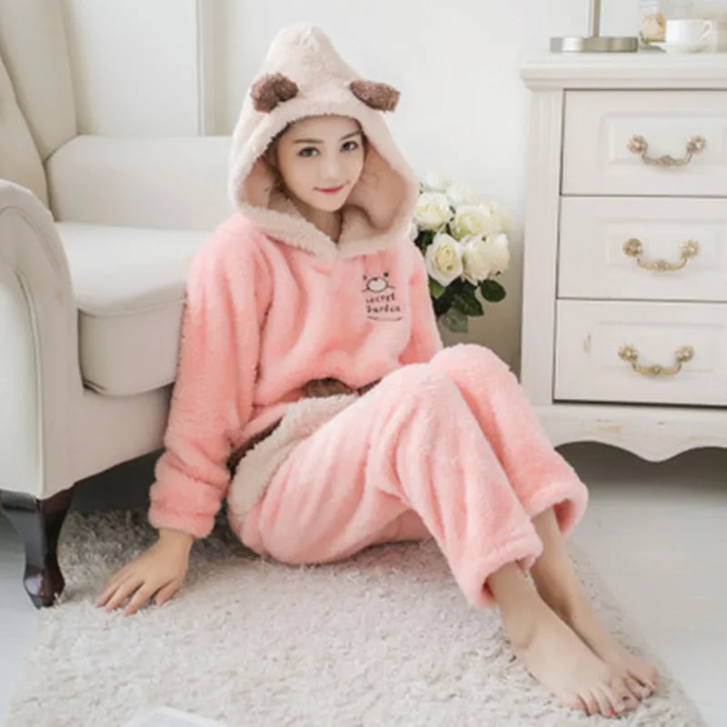 Hoodie Pajamas Set Комплект пижам с капюшоном, женская сексуальная теплая фланелевая Толстая Пижама с героями мультфильмов, рубашка с длинным рукавом, штаны, зимняя домашняя плюшевая одежда для сна, свободный размер - Цвет: Hoodie Pajamas Set