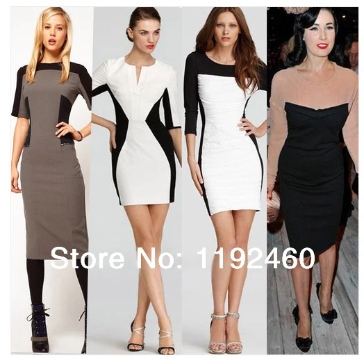 Free Shipping!!2014 New Fashion Woman Celebrity Sexy Midi Dress plus size Victoria Beckham Patchwork White vestidos | Женская одежда