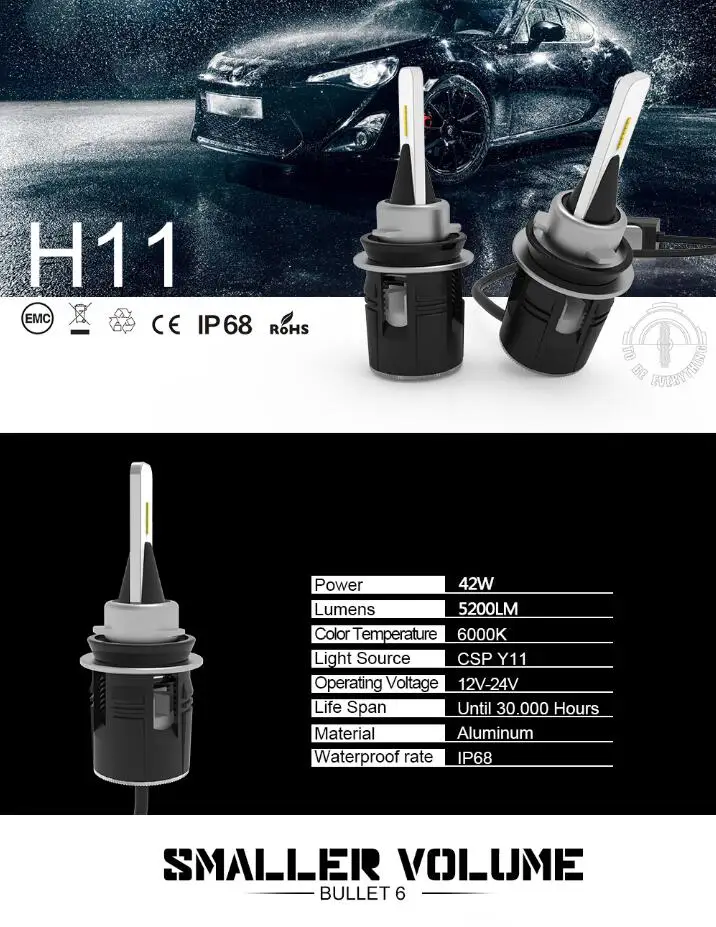 1 комплект H7 Bullet B6 светодиодный для переоборудования фар 42 Вт 5200LM CSP Y11 чипы все в