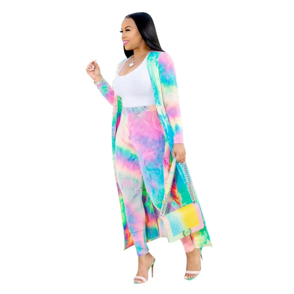 colorful Echoine размера плюс S-XXXL, комплект из двух предметов, Женский Осенний, с принтом Tie Dye, x-длинные кардиганы, пальто, обтягивающие штаны, спортивный костюм, Комбинезоны - Цвет: colorful