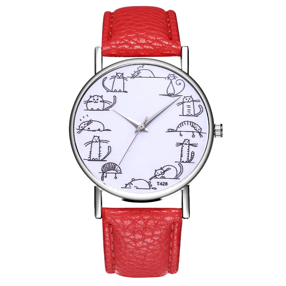 Популярные модные женские часы, повседневные, темпераментные, с кожаным ремешком, аналоговые, кварцевые наручные часы с принтом кота, часы для девушек, подарок Clcok# A