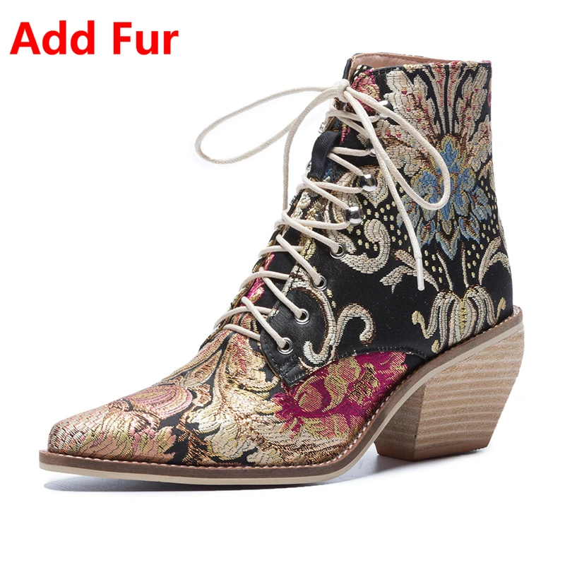 xing hei add fur Doratasia/Коллекция, большие размеры 34-43, модные осенне-зимние сапоги, женская обувь на шнуровке, лучшее качество, женские ботильоны с вышивкой - Цвет: xing hei add fur
