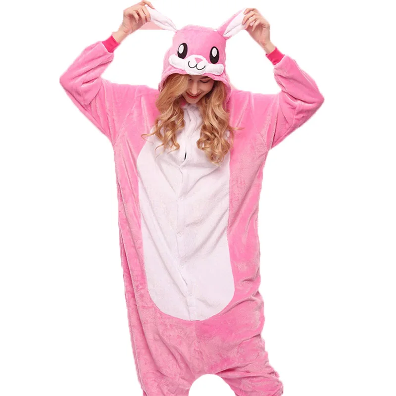 Adult Anime Kigurumi Onesies Rose Rabbit Costume Women Cute Cartoon Animal Bunny Pajamas Onepieces Sleepwear Home Cloths Girl