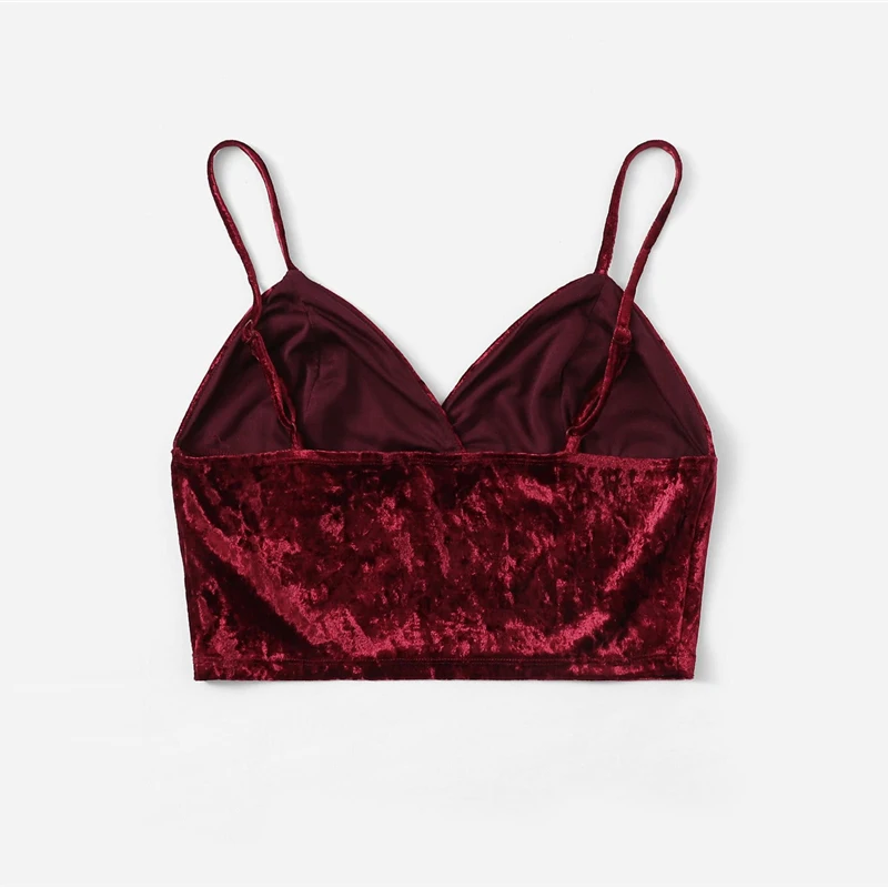 SweatyRocks бордовый однотонный бархатный бюстгальтер на бретельках Топ с v-образным вырезом сексуальный короткий летний топ на тонких бретельках облегающий женский топ на бретелях