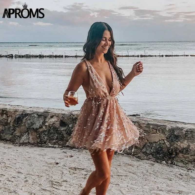 Aproms/мини-платье с блестками и глубоким v-образным вырезом, женское летнее соблазнительное с открытой спиной с перекрещенными лямками, пляжные вечерние платья, Крутое летнее платье для девочек