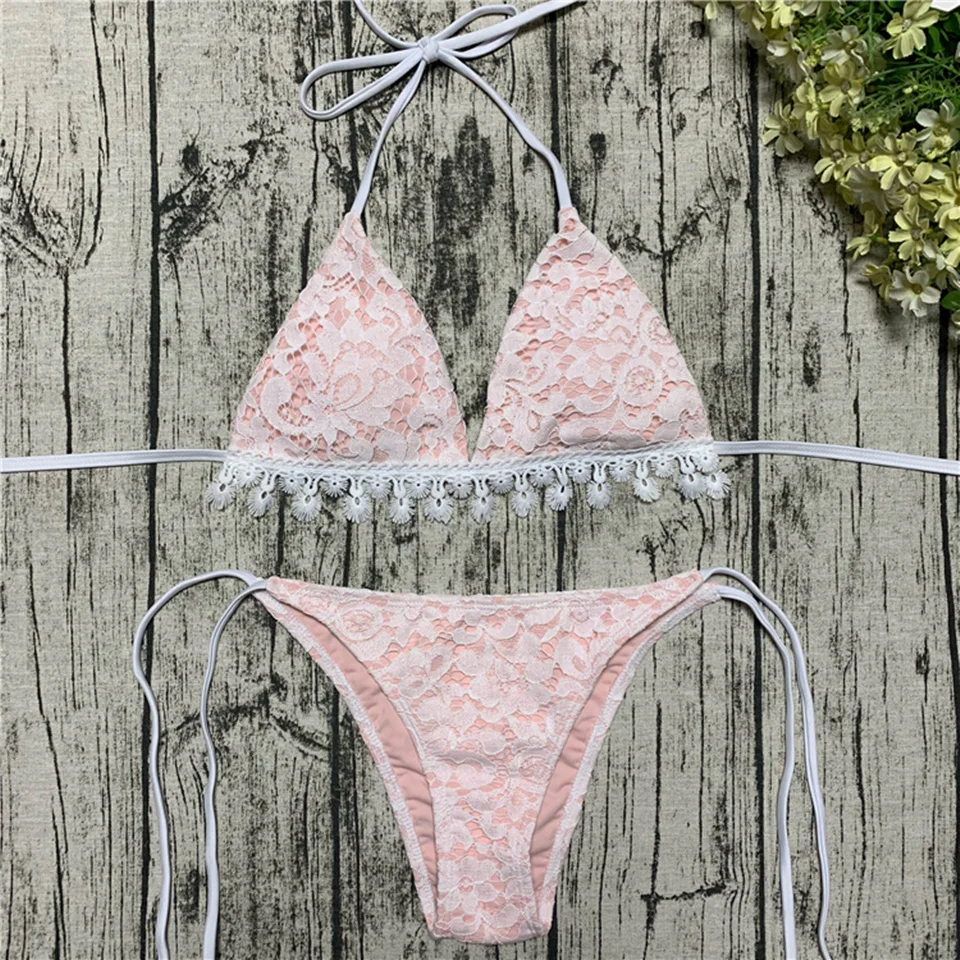 Женский купальник бикини розовый на шнуровке с низкой талией и лямкой шее для