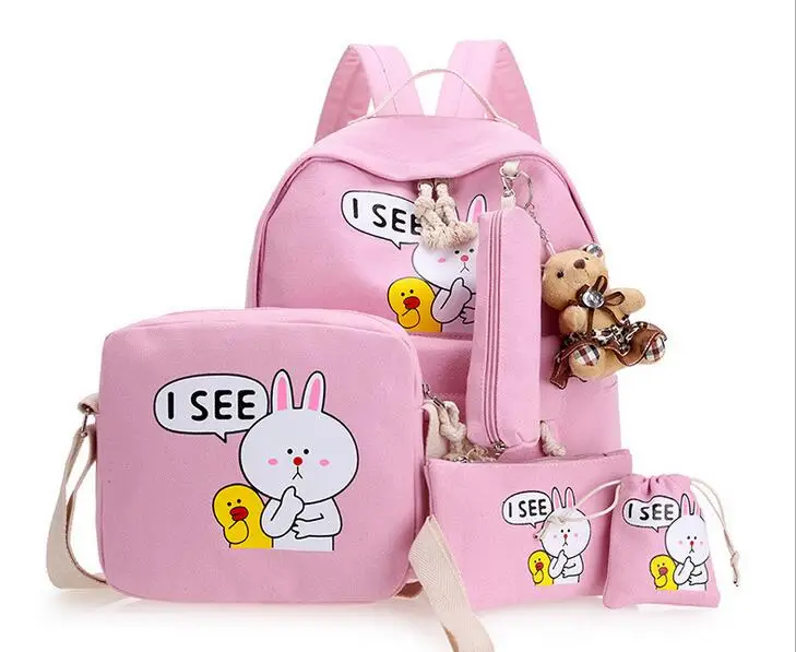 Женщины Холст Рюкзак Мода милый дорожные сумки кролик печати рюкзаки 6 шт./компл.