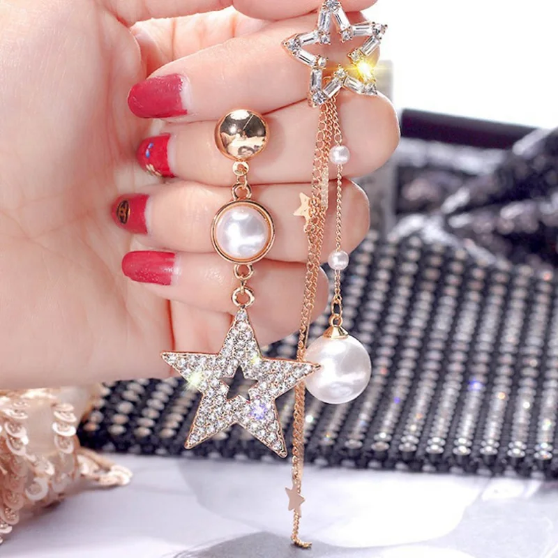 Модные блестящие серьги Стразы с асимметричным жемчугом звездой бахромой для