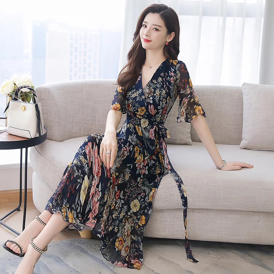 2019 Цветочные шифоновые облегающие летние миди платья Boho винтажные 3XL плюс размер