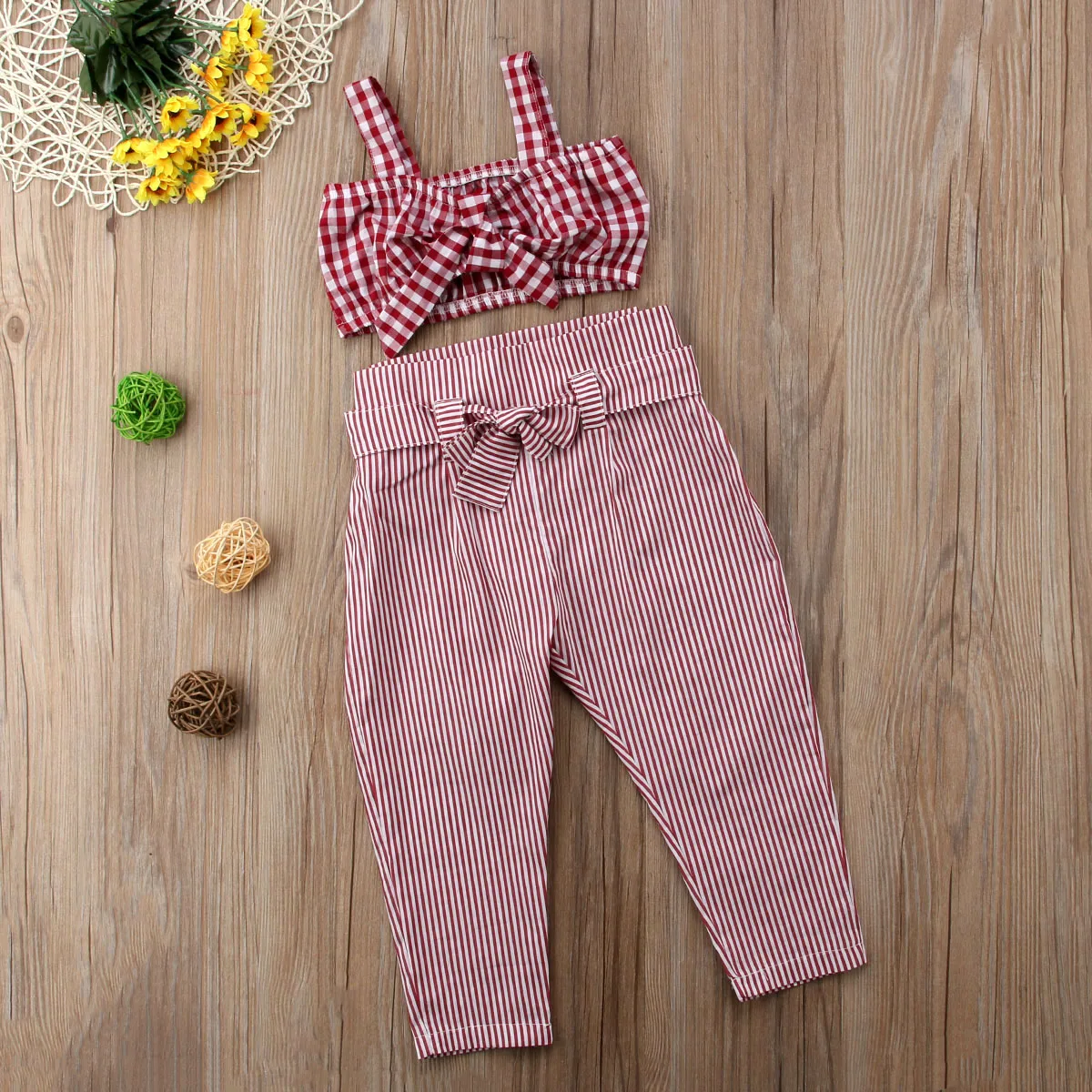 

summer Kids Baby Girls Plaid Crop Top Vest Casual Long Pants 2pcs Outfits Set Clothes Fashion Bowknot Sleeveless Cotton Clothing