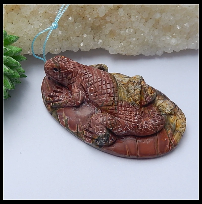 Natural Stone Carved Animal Lizard Multi-Color Picasso Necklace Pendant,61x37x17mm,41.2g semiprecious stone fashion pendant