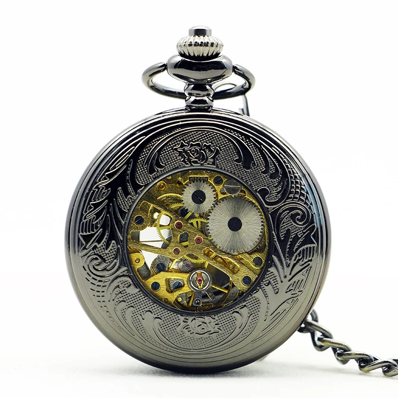 Black Magic Pattern Hollow Quartz Pocket Watch Retro Steampunk Manual Winding Watch Men's Fob Chain Accessories Gift Clock