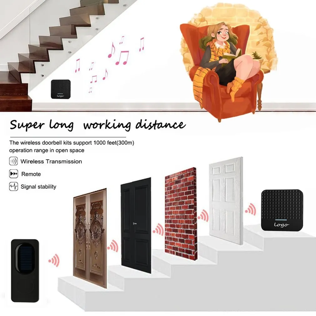 Solar Powered Wireless Doorbell 300M Range 52 Chimes Home Door Bell Safety Alert System with Night Light Waterproof Drop Ship |