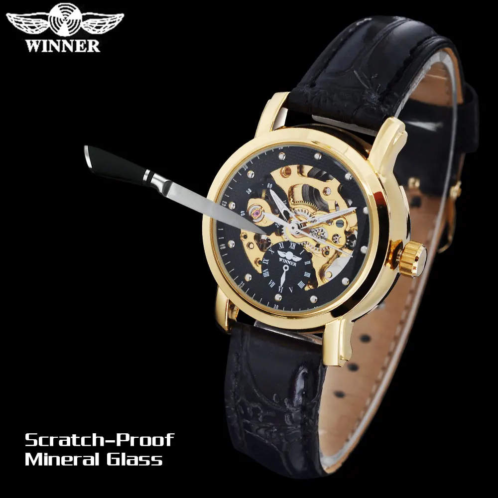 Женские часы WINNER Роскошные автоматические с кожаным ремешком и прозрачным