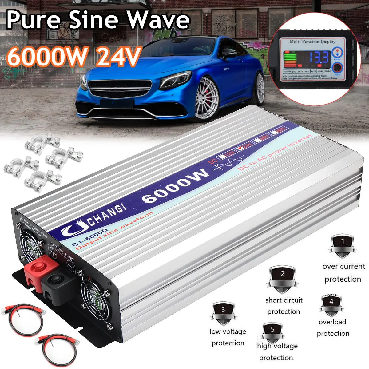 3000/4000/5000/6000W Портативный 12/24V к переменному току 220V Мощность солнечных батарей по ограничению на использование опасных материалов в производстве электрического и электронного оборудования синусоида преобразователь адаптер ЖК-дисплей Экран 93% преобразования